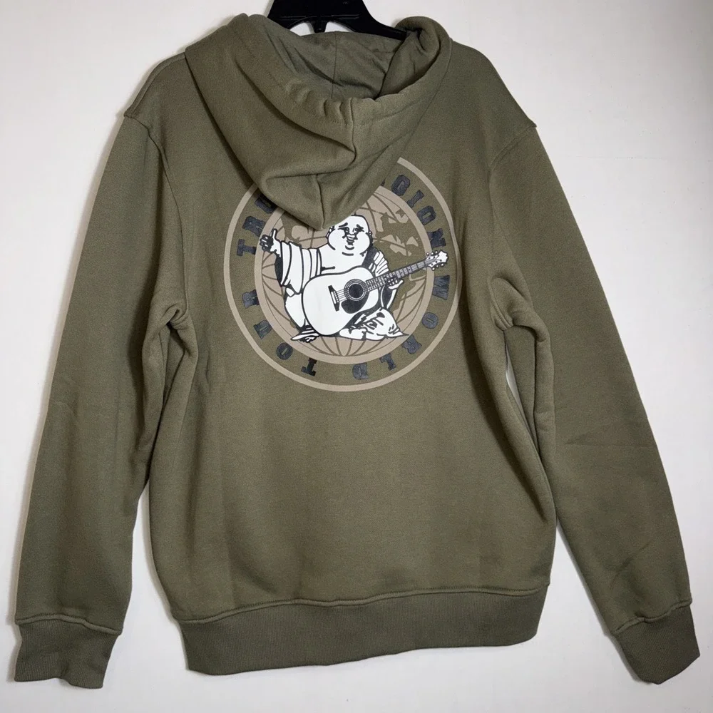 True Religion Hoodie Mens M‎ Green Buddha Full Zip Sweatshirt Fleece Sweater NWT